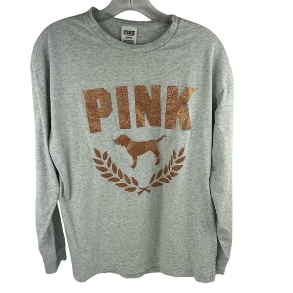 Victoria's Secret PINK Gray Long Sleeve Shirt M Gold Glitter Dog Graphic… - Picture 9 of 10